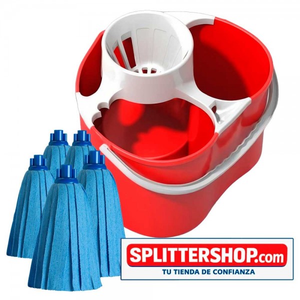 Cubo Fregona Doble Compartimento Splitter – Agua Limpia y Sucia Separadas + 5 Mochos de tiras