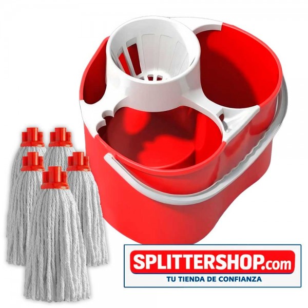 Cubo Fregona Doble Compartimento Splitter – Agua Limpia y Sucia Separadas + 5 Mochos de Algodón