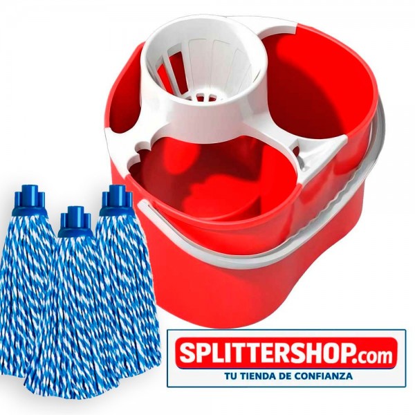 Cubo Fregona Doble Compartimento Splitter – Agua Limpia y Sucia Separadas + 3 Mochos de Microfibra