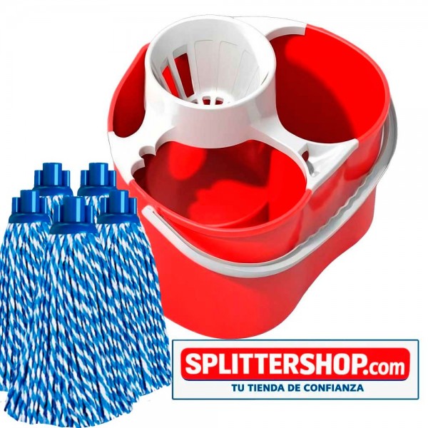 Cubo Fregona Doble Compartimento Splitter – Agua Limpia y Sucia Separadas + 5 Mochos de Microfibra